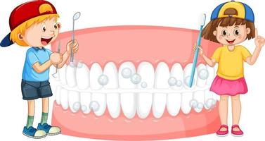 niños con espejo dental y cepillo de dientes con dientes blancos sobre fondo blanco vector