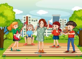 Kids playing music in the park vector
