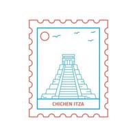 CHICHEN ITZA postage stamp Blue and red Line Style vector illustration