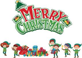 Merry Christmas text with elves cartoon character vector