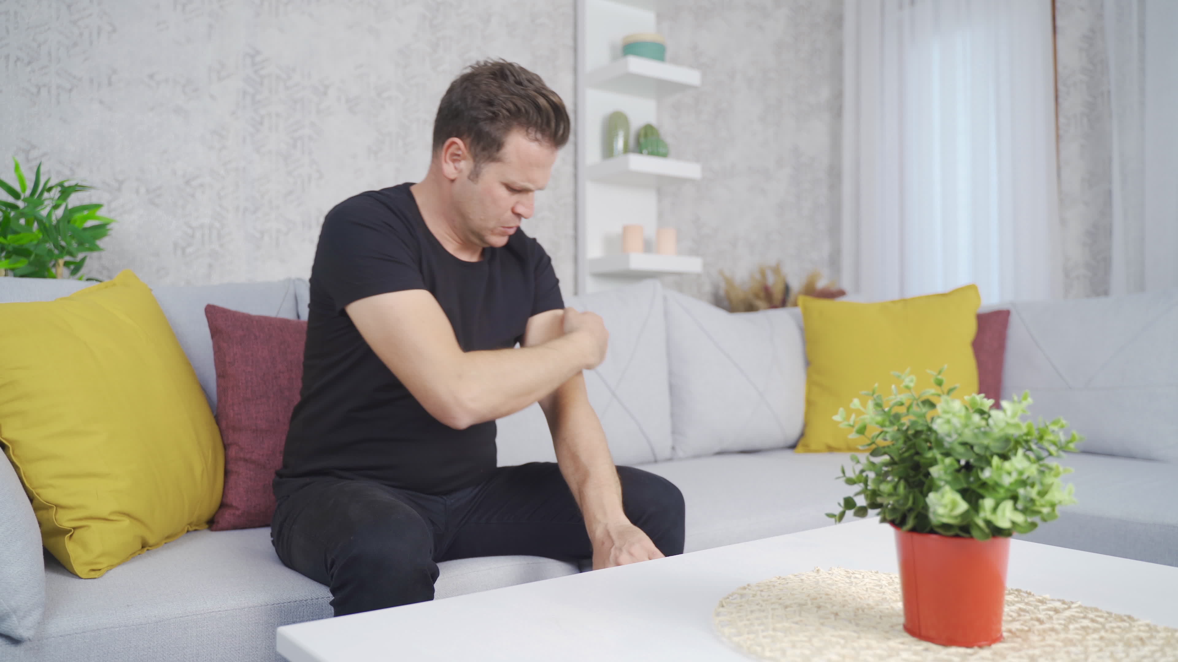 The itchy man has allergies. Irritation. Allergy man scratching his