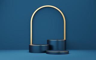 3 Empty blue cylinder podium with gold border arch on wall background. 3d empty pedestal mockup space for display product. Abstract dark minimal geometric object. 3d rendering illustration. photo