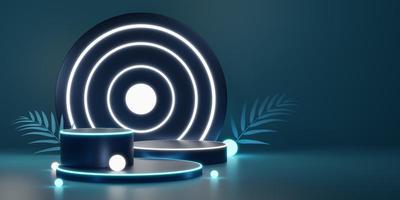 3D blue cylinder pedestal with gold ball, neon circle lighting, palm leaf on green background. Empty modern podium mockup. Abstract technology dark minimal geometric object. 3d render illustration. photo