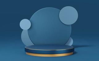 Empty blue cylinder podium with gold border and circle on copy space background. Abstract pastel minimal studio 3d geometric shape. Mockup space for display of product design. 3d rendering. photo