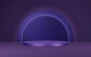 3d Empty violet marble cylinder podium on dark purple arch circle background. Abstract minimal studio 3d geometric shape object. Mockup space for display of product design. 3d rendering. photo