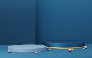 2 Blue cylinder podium with gold border and ball on copy space wall background. 3d empty pedestal mockup space for display product. Abstract dark minimal geometric object. 3d render illustration. photo