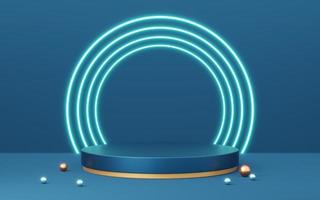 3D blue cylinder pedestal with gold border, ball, neon lighting on copy space background. Empty modern podium mockup. Abstract technology dark minimal geometric object. 3d render illustration. photo