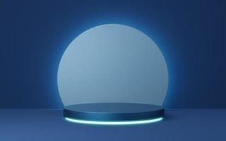 3D blue cylinder pedestal with neon border, circle lighting on copy space background. Empty modern podium mockup. Abstract technology dark minimal geometric object. 3d render illustration. photo