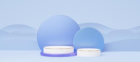 3D White Pedestal mockup space for display of product design. 2 Empty cylinder podium with gold border on blue wave background. Abstract pastel minimal studio geometric. Paper cut style. 3d rendering. photo