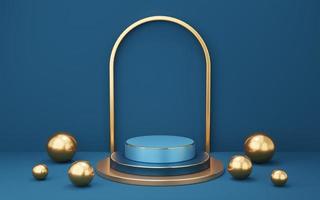 Empty blue cylinder podium with gold border, ball, arch on wall background. 3d empty pedestal mockup space for display product. Abstract dark minimal geometric object. 3d rendering illustration. photo