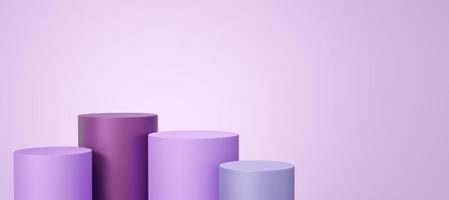 4 Empty magenta and purple cylinder podium floating on violet copy space background. 3d Pedestal mockup space for display of product design. Abstract minimal studio geometric shape object. 3d render photo