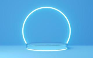 3D blue glass cylinder pedestal with gold border, neon circle lighting on copy space background. Empty modern podium mockup. Abstract technology pastel minimal geometric object. 3d render illustration photo