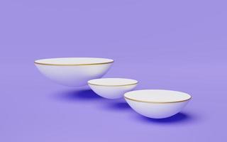 3 white half sphere podium floating with gold border on purple background. Empty pedestal mockup space for display product design. Abstract minimal studio geometric shape object. 3d rendering. photo