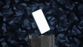 Blue mobile phone floating on black marble cylinder podium with dark blue triangle texture background. smartphone with blank white. Minimal studio screen. Pedestal mock up for modern. 3d rendering. photo
