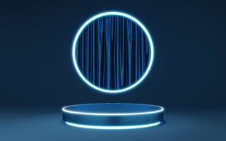 Blue cylinder pedestal with neon border on glow lighting circle arch, curtain background. Empty modern podium mockup space. Abstract technology dark minimal geometric object. 3d render illustration. photo