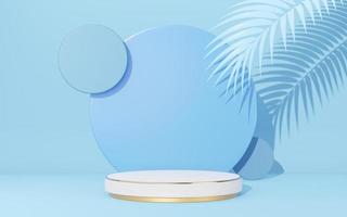 Empty white cylinder podium with gold border, circle, shadow palm leaf on blue copy space background. Abstract pastel minimal studio 3d geometric shape. Mockup space for display of product. 3d render. photo