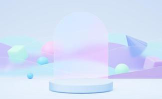 Empty white glass cylinder podium on arch translucent glass, blue wave background. Abstract pastel minimal studio 3d geometric shape. Mockup space for display of product. Paper cut style. 3d render. photo