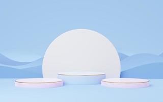 3 Violet cylinder pedestal with gold border and circle on blue wave background. 3d empty podium mockup space for display product. Mockup space for display of product design. Paper cut style. 3d render photo