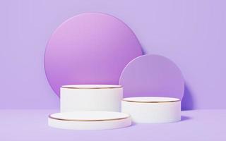 Empty white marble cylinder podium with gold border on violet arch circle purple background. Abstract minimal studio 3d geometric shape object. Mockup space for display of product design. 3d rendering photo
