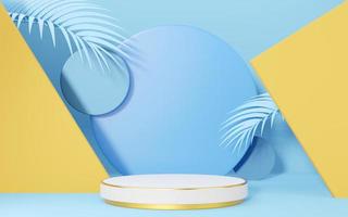 3D white cylinder podium mockup with palm leaf, gold border, circle, yellow wall on blue copy space background. Empty pedestal mockup space for display. Abstract minimal studio geometric. 3d rendering photo