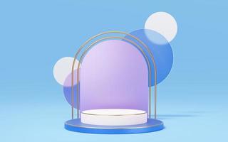 Empty white marble cylinder podium with gold border, glass circle on purple arch blue background. Abstract minimal studio 3d geometric shape object. Mockup space for display of product. 3d rendering. photo