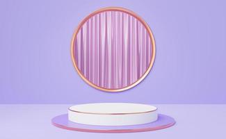 Empty 3D white cylinder podium with copper border on gold circle, purple arch, pink curtain background. Pedestal mockup space for display product. Abstract minimal studio geometric object. 3d render. photo