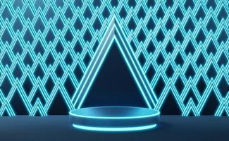 3D blue cylinder podium with neon border on Art Deco glow lighting triangle pattern background. Empty modern podium mockup space. Abstract technology dark minimal geometric. 3d render illustration. photo