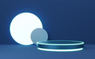 3D blue cylinder pedestal with neon border, gold ball, circle lighting on copy space background. Empty modern podium mockup. Abstract technology dark minimal geometric object. 3d render illustration. photo