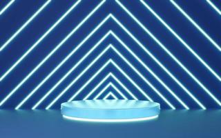 3D blue glass cylinder pedestal with gold border, neon triangle light on copy space background. Empty modern podium mockup. Abstract technology pastel minimal geometric object. 3d render illustration. photo