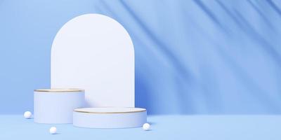 3D white cylinder podium with gold border, shadow palm leaf on blue arch and copy space background. Empty pedestal mockup space for display product design. Abstract minimal studio object. 3d render. photo