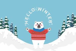 White polar bear wearing red sweater and scarf standing and hands up with texts Hello Winter, mountain, pine trees, snow and blue sky on background, vector cartoon character drawing