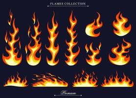Natural orange flames set of element design illustration. Cartoon fire for comic, poster, tattoo, sticker, wrap, apparel, background, ornament. Vector eps 10. Isolated on black background.