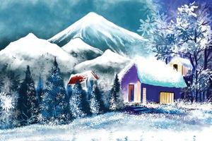 Winter background of snow and house christmas tree card landscape design vector