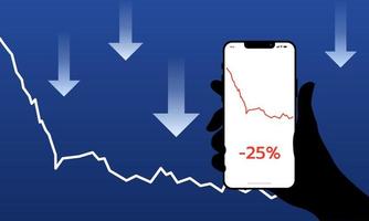 los precios de las acciones continuaron cayendo. Los teléfonos inteligentes muestran una fuerte caída en los precios de las acciones. ilustración vectorial vector