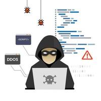 Hacker coding script attack to the weak system. Vector illustration.