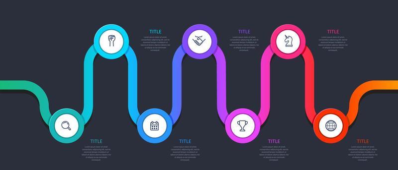 Winding horizontal rainbow road. Business process 7 steps.