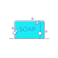 Line icon of solid bar of soap in rectangular shape with foam bubbles. Vector Illustration in flat style for hand, face and body hygiene, infographic of protection from bacteria and infection