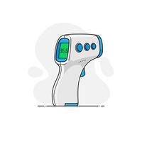 Vector template of digital non-contact infrared forehead thermometer in flat style with outline on background of abstract shapes. Medical device, measuring human body temperature