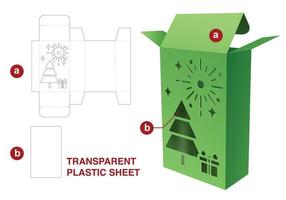 Box with Christmas festival window die cut template and 3D mockup vector