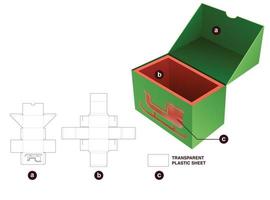 2 pieces box with sleigh window die cut template and 3D mockup vector