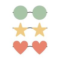 Flat vector hippy boho round, heart, star shaped sunglasses illustration. Hand drawn retro groovy elements.