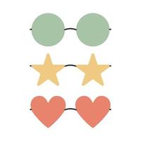 Flat vector hippy boho round, heart, star shaped sunglasses illustration. Hand drawn retro groovy elements.