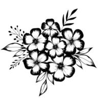 Hand-drawn bouquet with flowers and leaves isolated on white. Vector linear monochrome elegant floral arrangement