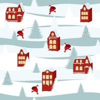 Seamless pattern with red houses and Santa Claus. Christmas and New Year holidays. Creative vector background for fabric, textile, nursery wallpaper.