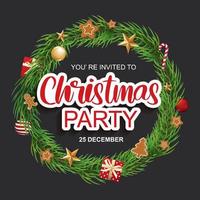 Merry christmas party invitation card banner template background. Xmas pine fir lush tree. vector