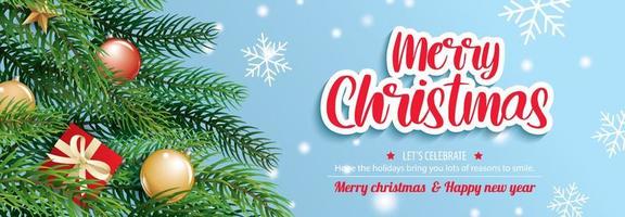 Merry christmas with pine fir lush tree for flyer and brochure design background template. Happy holiday greeting banner and card template. vector