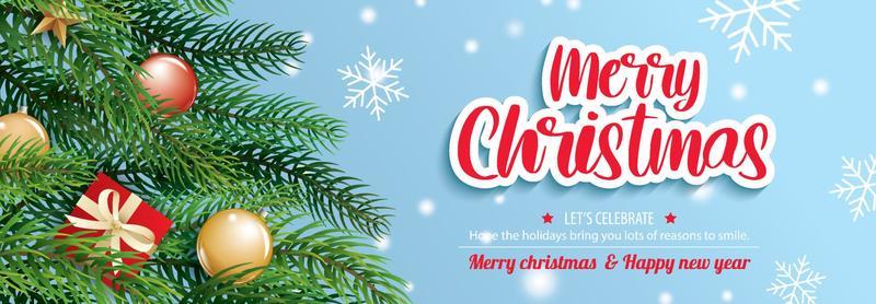 Merry christmas with pine fir lush tree for flyer and brochure design background template. Happy holiday greeting banner and card template.