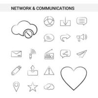estilo de conjunto de iconos dibujados a mano de red y comunicación aislado en vector de fondo blanco