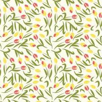Vector seamless tulip pattern. Yellow and red tulips with green leaves. Floral pattern for fabric, clothing or umbrella print.