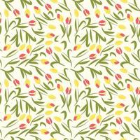 Vector seamless tulip pattern. Yellow and red tulips with green leaves. Floral pattern for fabric, clothing or umbrella print.